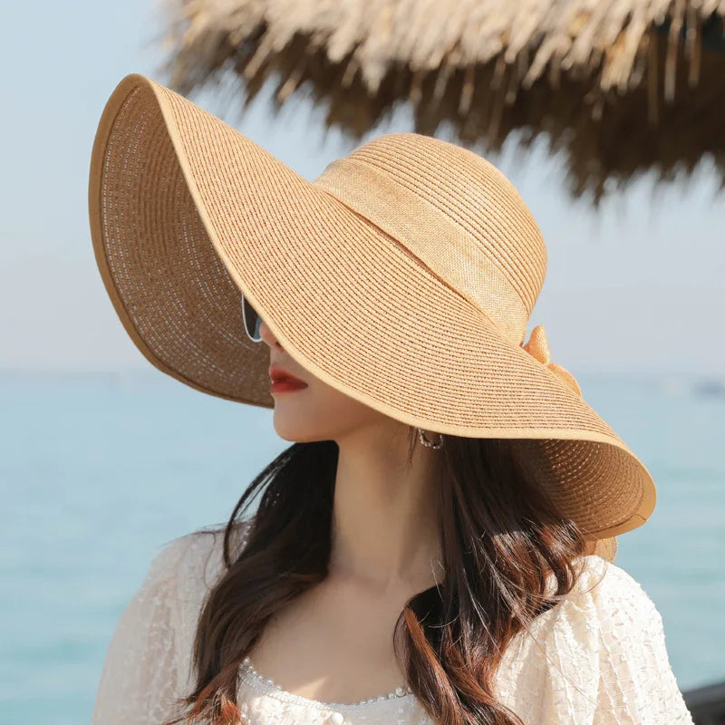 Straw Bow Hat Large Brim Sun Protective — Natural | KIMLUD