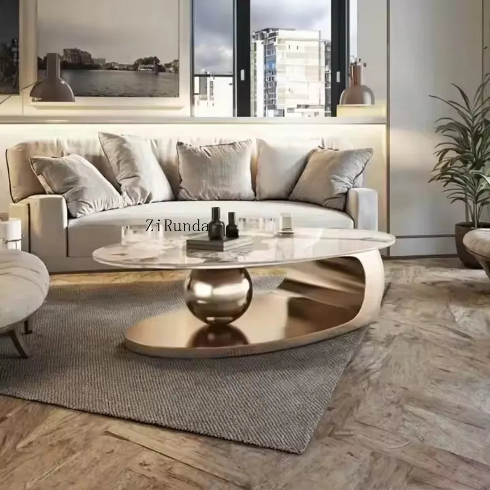 Gold Oval Coffee Table Sintered Stone Marble Top — Gold-Tone | KIMLUD