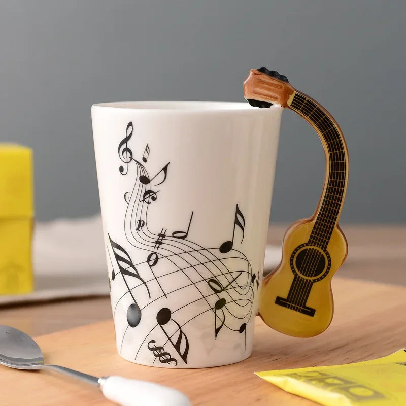 Bone China Mug With Music Note Motif And Delicate Guitar Handle — White | KIMLUD