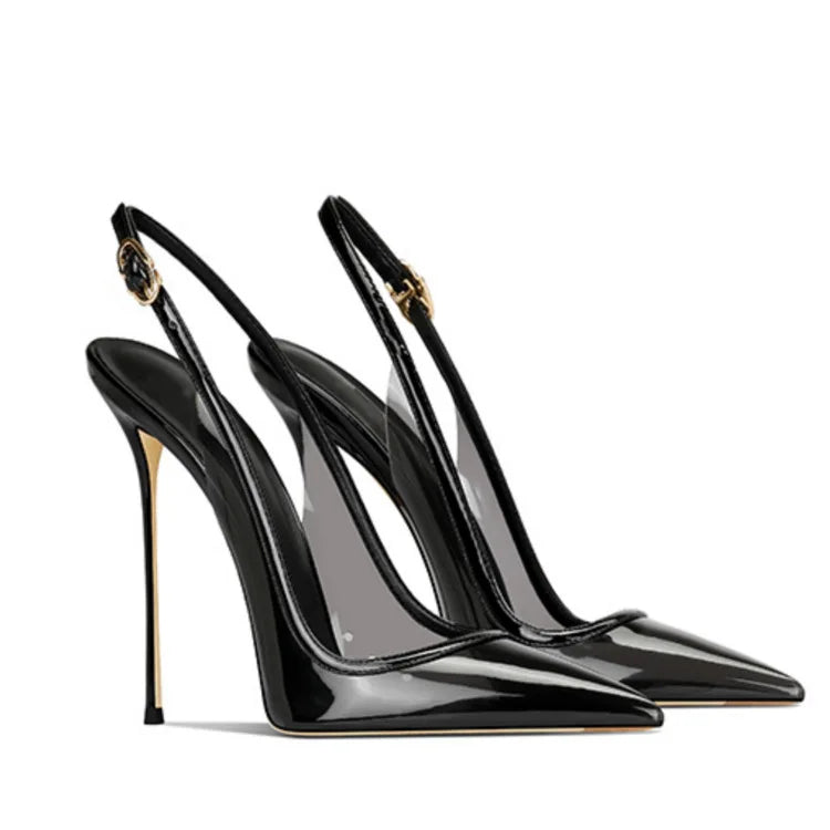 Patent Leather Stone Pattern Slingback Stiletto Heels — Brown | KIMLUD