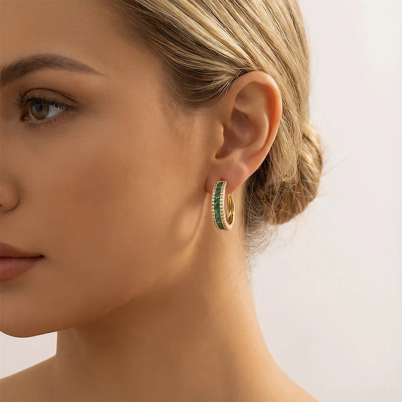 Cubic Zirconia Hoop Earrings Inlaid — Green | KIMLUD