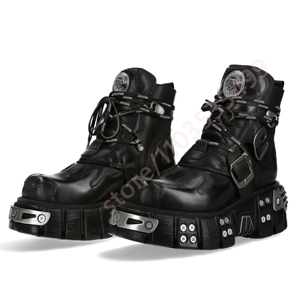 Ankle Boots - Metal Studded - Black Lace-Up Buckled Punk Rock | KIMLUD