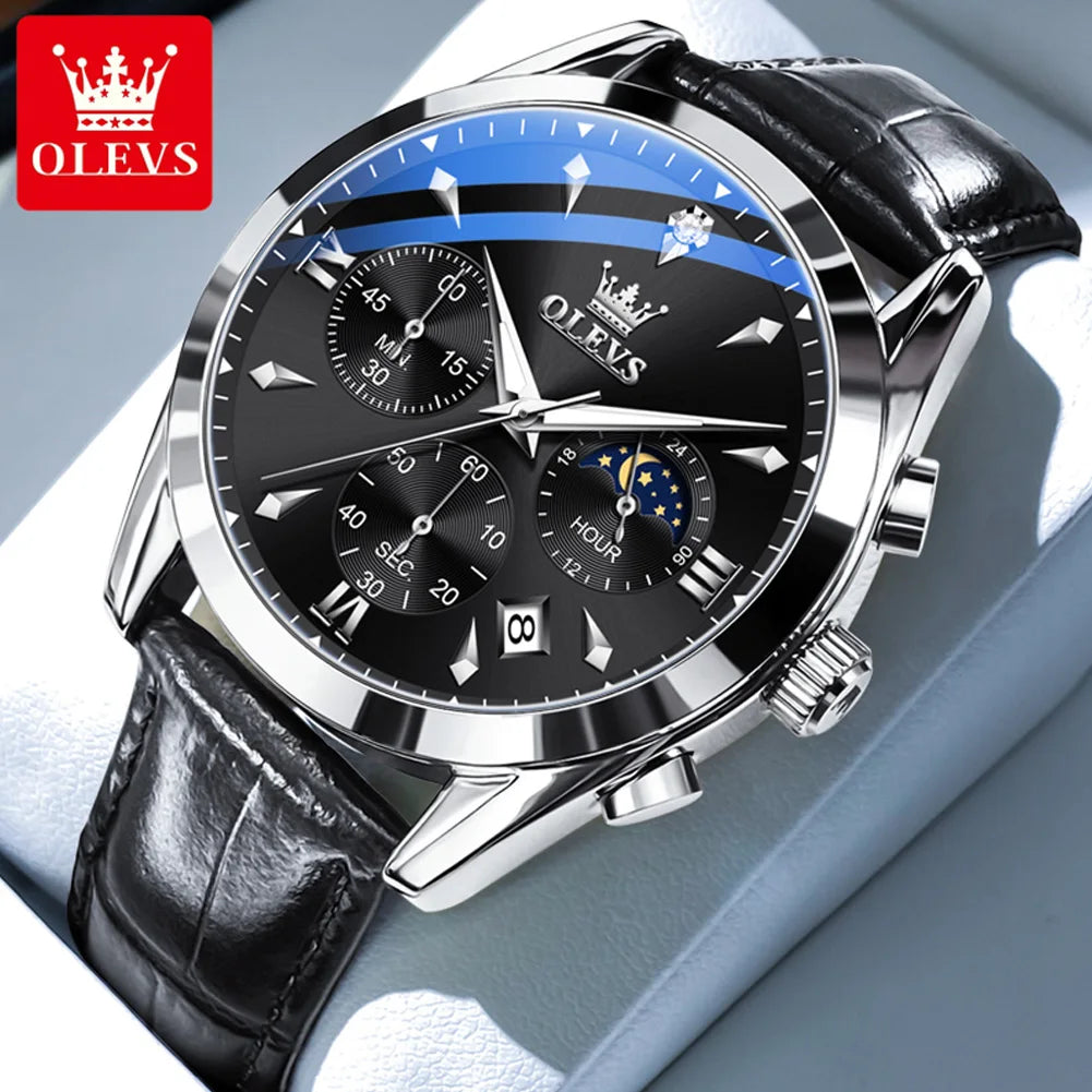 OLEVS Luxury Men's Watches Leather Strap Waterproof Luminous Chronograph Moon Phase Man Watch Top Original Quartz Watch for Men