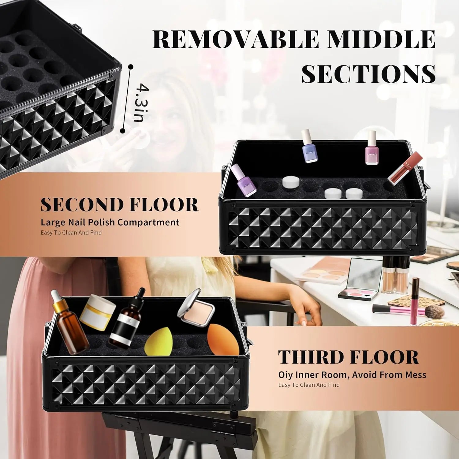 Rolling Plastic Travel Suitcases 4-In-1 Cosmetology Case Wheels — Black | KIMLUD