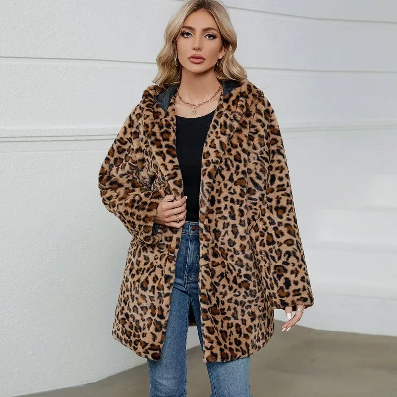 ZXRYXGS 2025 New Fashion Autumn Winter Coats Loose Medium Length Jackets Leopard Print Imitation Fur Coat Women's Clothing Tide