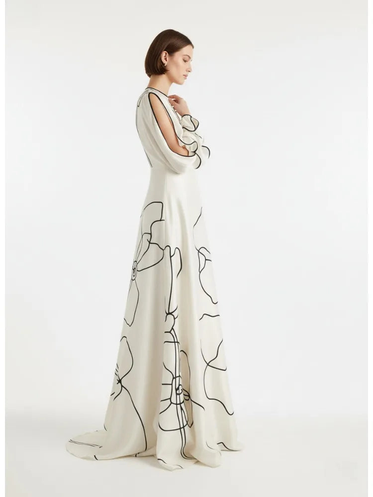 2026 New Women's Printed Maxi Dress Round Neck Ruffle Sleeves High Waist Pleated Party Dress Female Stylish A-line Dresses