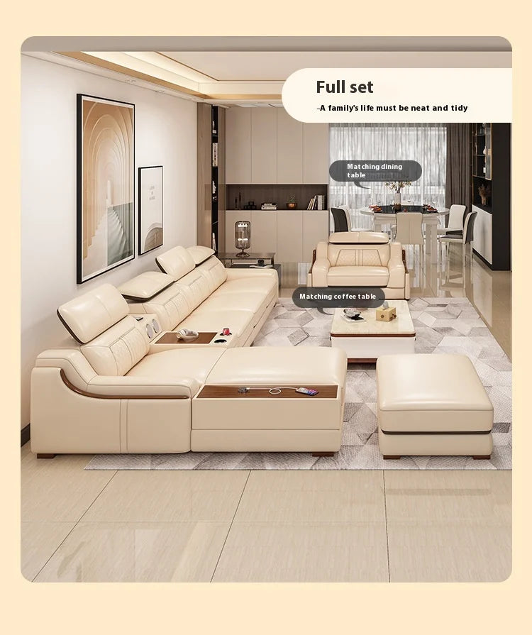 Genuine Italian Leather Sofa L-Shaped With Cup Holders USB Bluetooth — Light Gray | KIMLUD