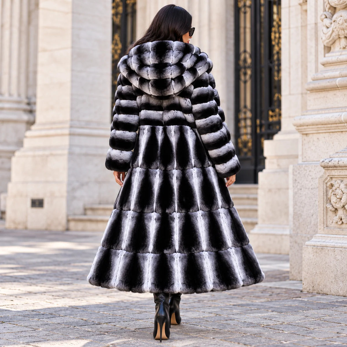 Long Fur Coat – Hooded – Fur – Black Grey Gradient | KIMLUD