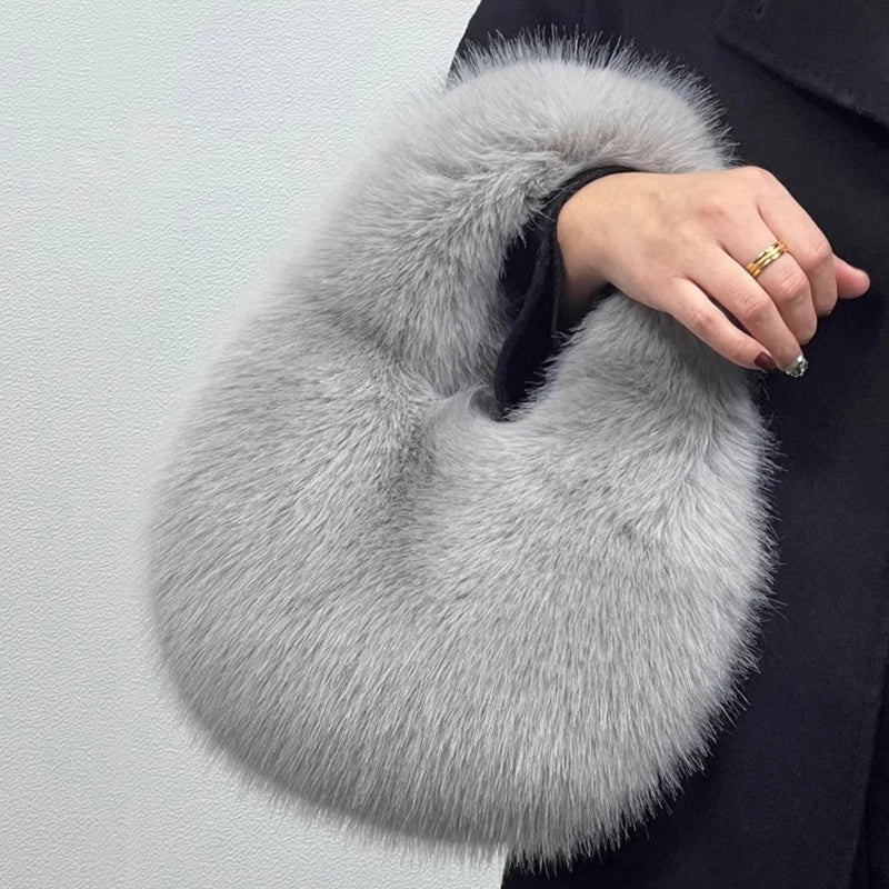 KIMLUD, Fashion Soft Plush Half Moon Bags for Women Designer Fluffy Faux Fur Lady Handbags Luxury Small Tote Female Winter Purses, KIMLUD Womens Clothes