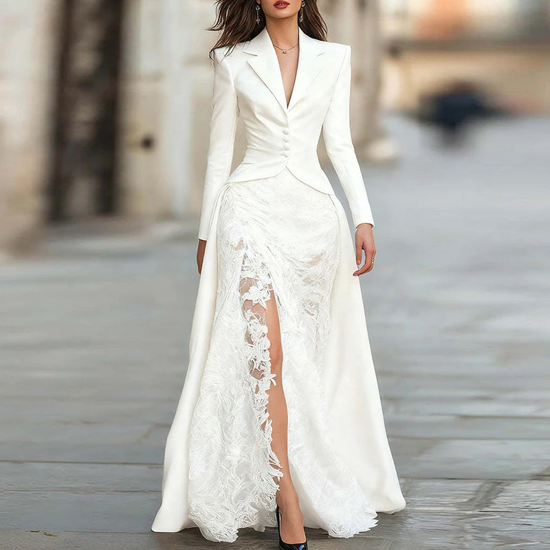 Lace Patchwork Irregular Split Robe Dress Casual High Waist Solid Color Maxi Dress Fashion Autumn Lapel Long Sleeved Party Dress