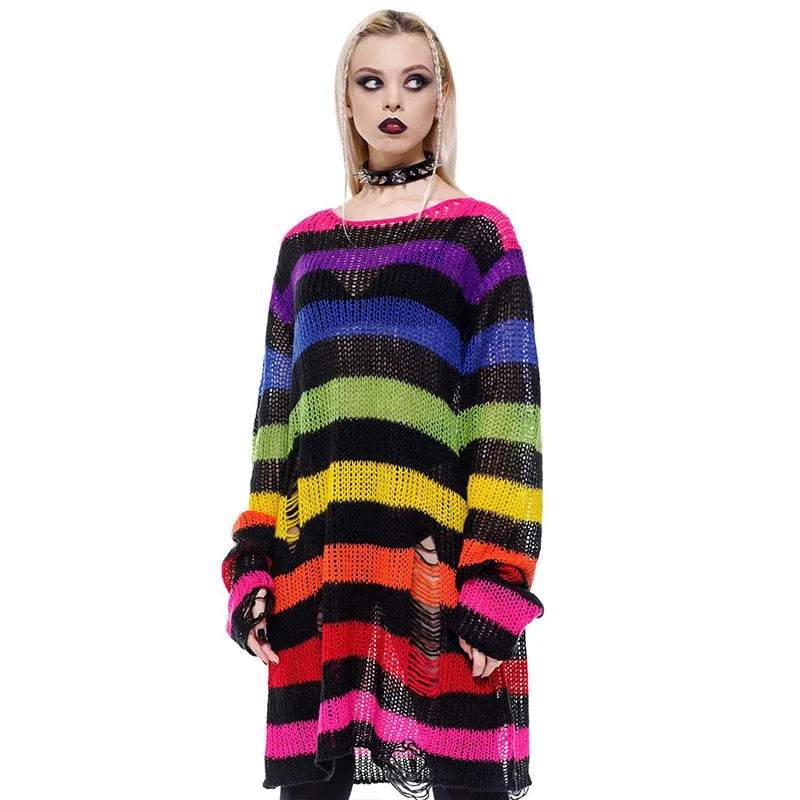 Sweater – Rainbow Gradient Stripes – Knit – Loose | KIMLUD