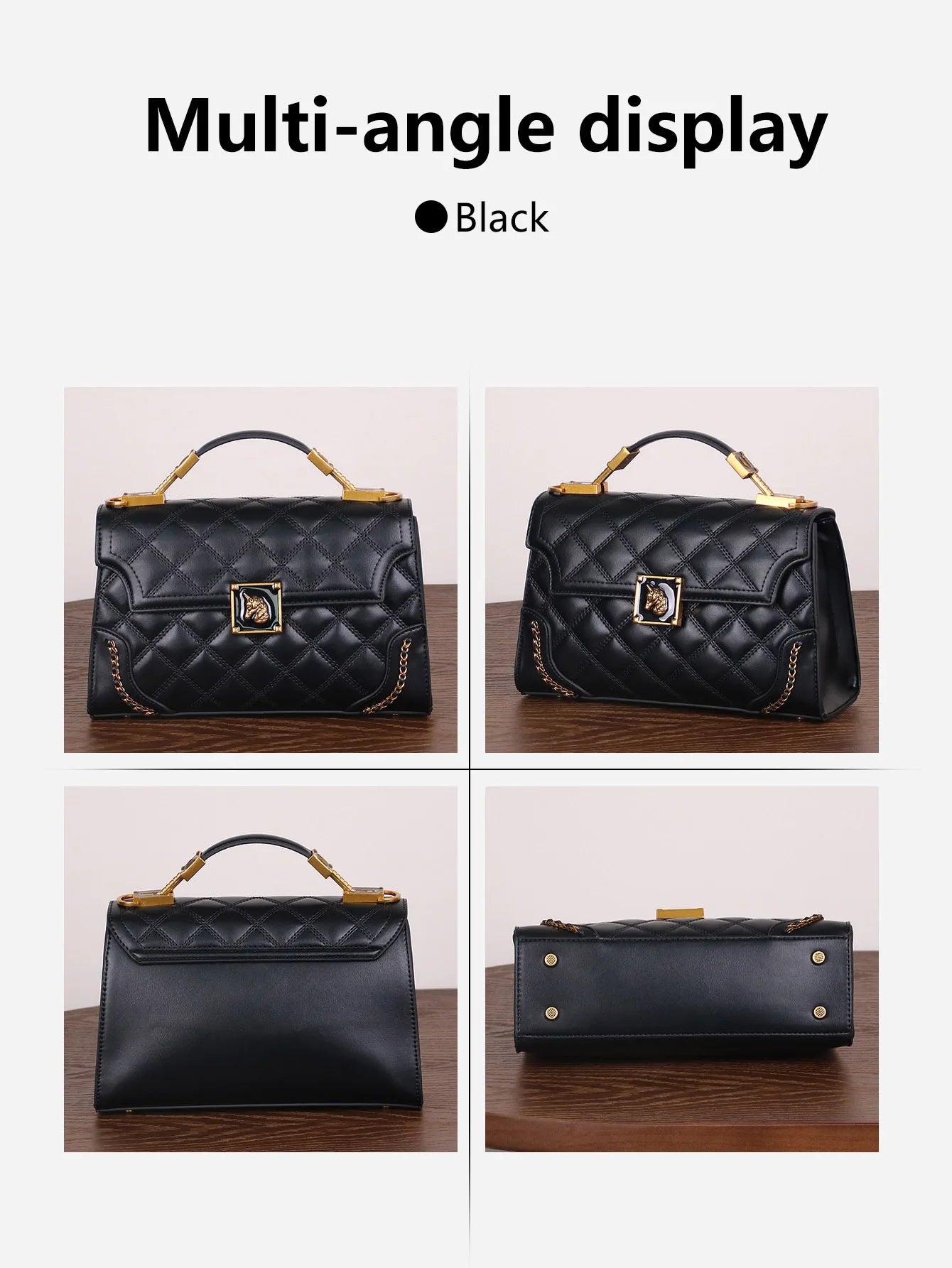 Structured Leather Rhombic Handbag — Black | KIMLUD