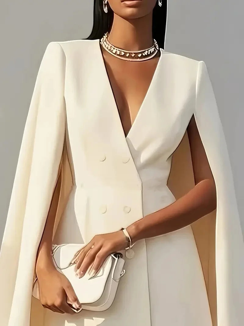 Women's Double Breasted Shawl Cape Suit Dress - Solid Color V-Neck Mini Dress with Open Back Sleeves
