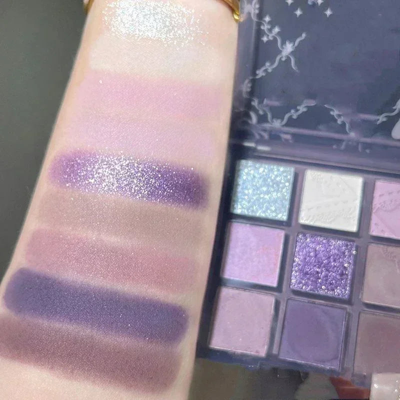 9 Colors Glitter Eyeshadow Palette Purple Lace Shimmer Pearlescent Matte Acrylic Eye Shadows Palette Waterproof Eye Make Up