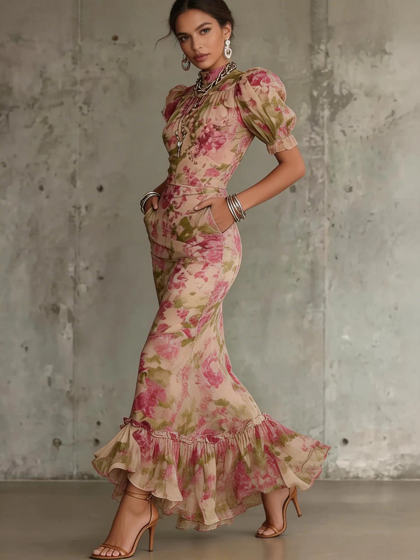 A-Line Floral Polyester Dress Maxi — Beige | KIMLUD