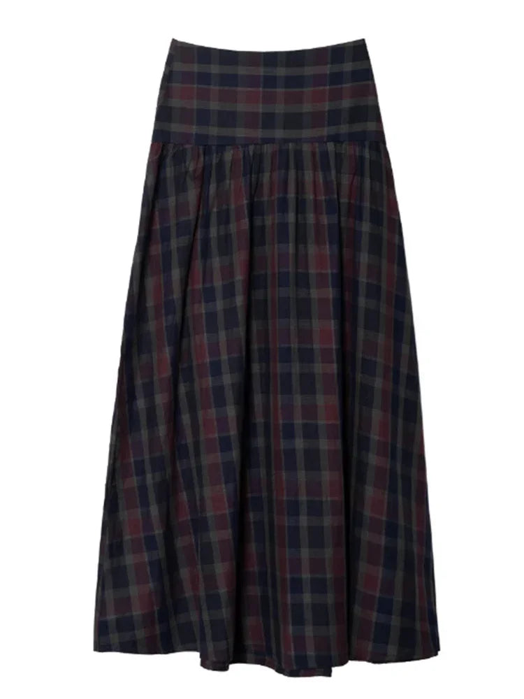 KIMLUD, Casual Lace Up Pleated Checkered Set Women Elegant Full Lantern Sleeve Coat Long Skirt Sets Lady Daily Commute Office outfits, KIMLUD Womens Clothes