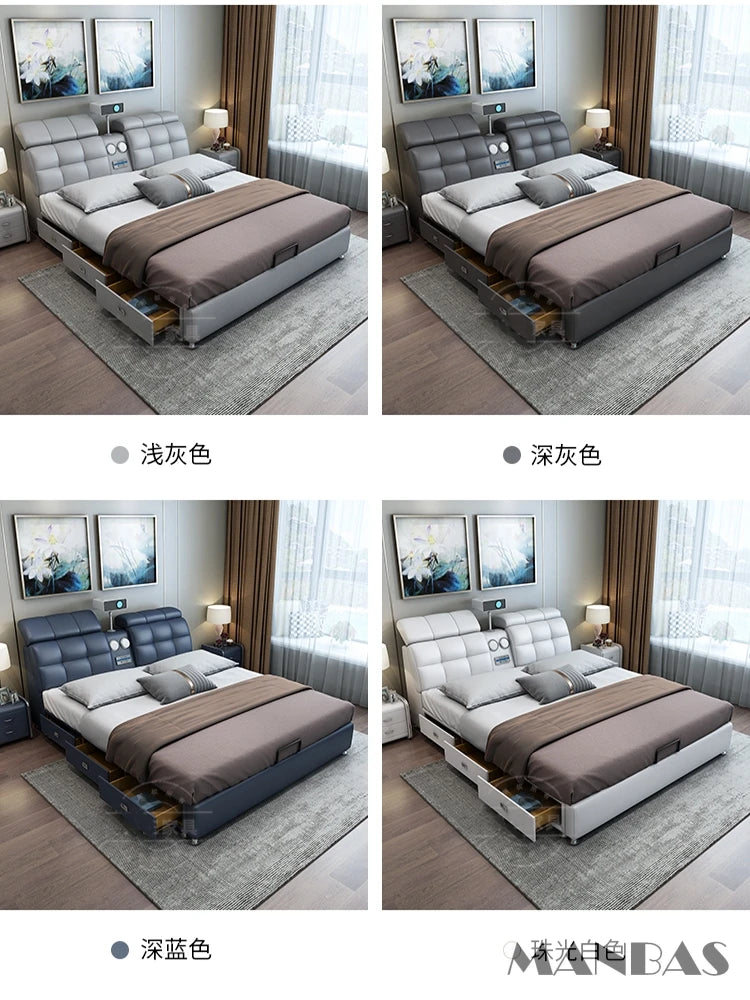 Genuine Leather Bed Frame Smart Multifunctional Tech — Ivory | KIMLUD