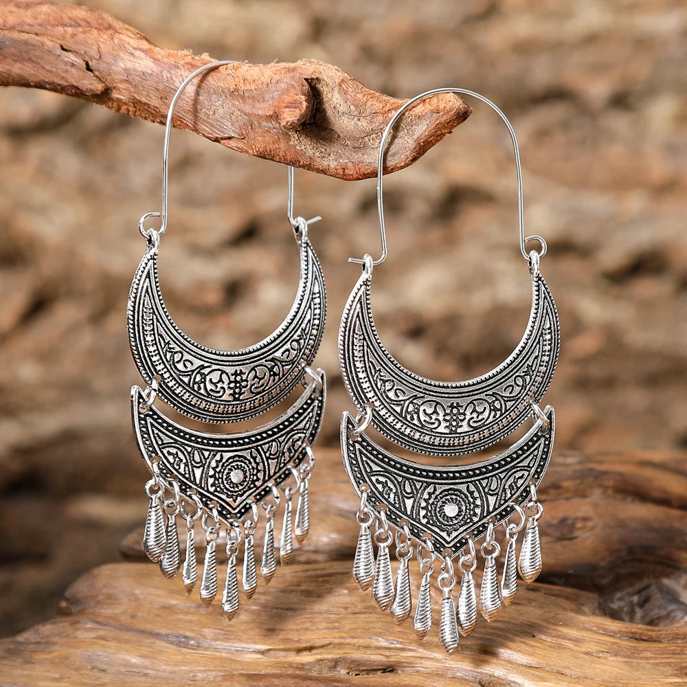 Tassel Drop Earrings – Crescent Moon Carving – Zinc Alloy – Silver | KIMLUD