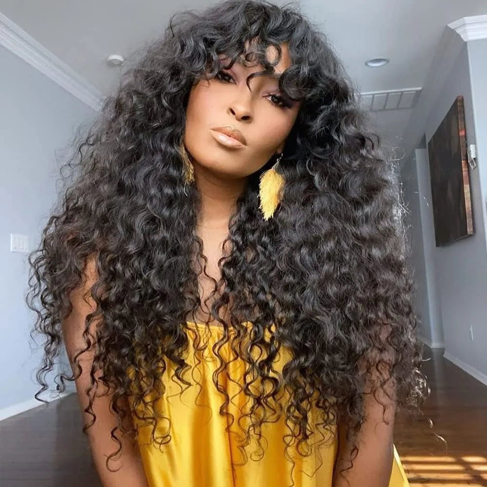 Curly Wig with Bangs – 180% Density – Human Hair – Darker Color | KIMLUD
