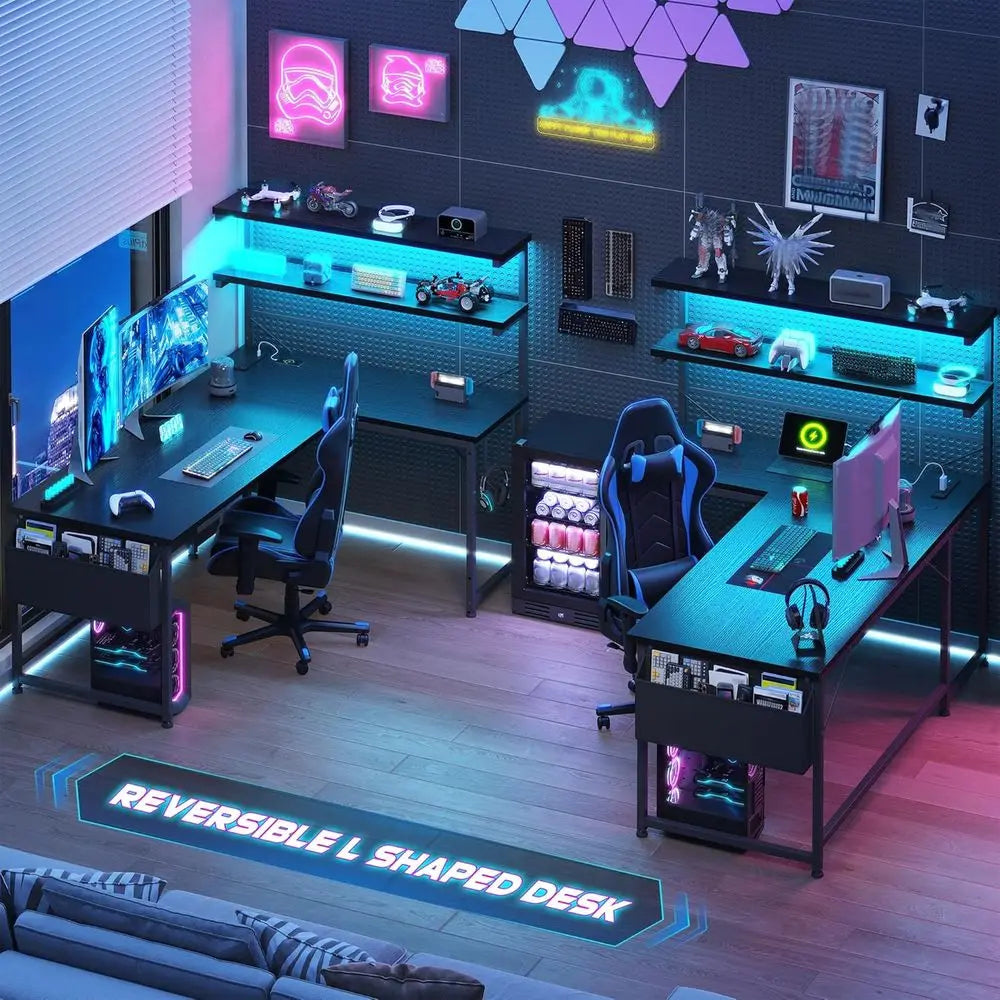 LED-lit 43.3 L-Shaped Gaming Desk with Power Outlet, Storage, and Hook for Home or Office