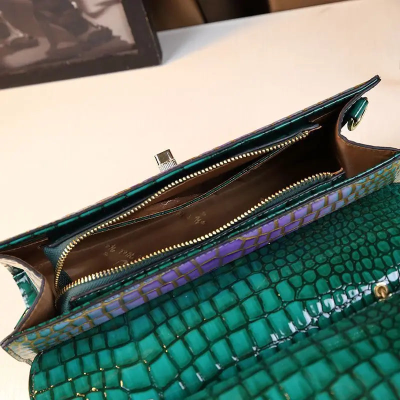 Genuine Leather Crocodile Print Handbag — Black | KIMLUD