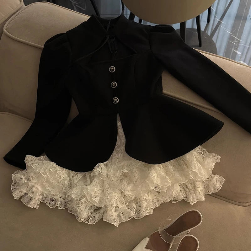 Lace-Up Blazer Set With Cascading Ruffles — Black | KIMLUD