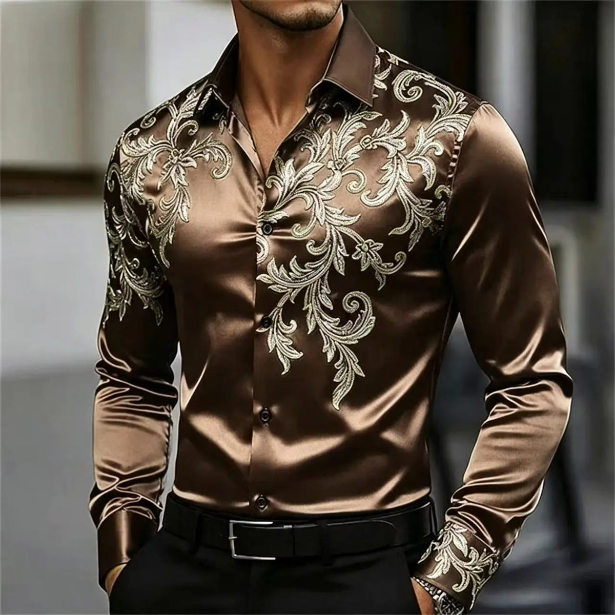 Men's Satin Paisley Print Shirt – Silk Polyester | KIMLUD