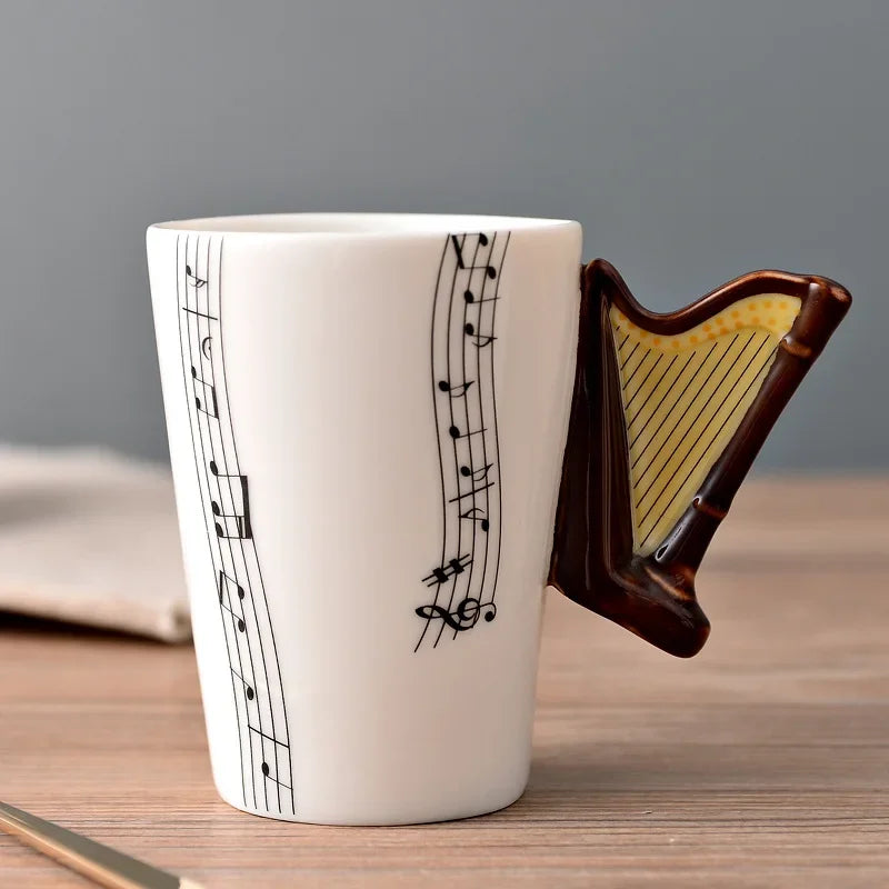 Bone China Mug With Music Note Motif And Delicate Guitar Handle — White | KIMLUD