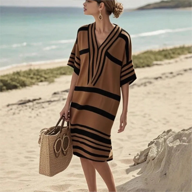 2025 New Vintage Stripe Print Midi Dress Summer Casual Short Sleeve V Neck Vacation Dress For Woman Spring Loose Commute Dresses