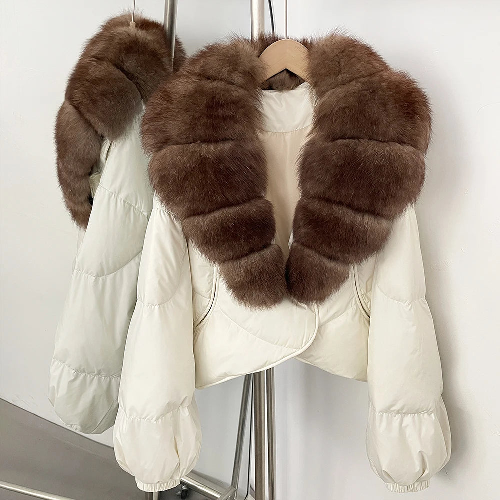 Down Coat – Real Fox Fur Trim – Duck Down – Natural | KIMLUD