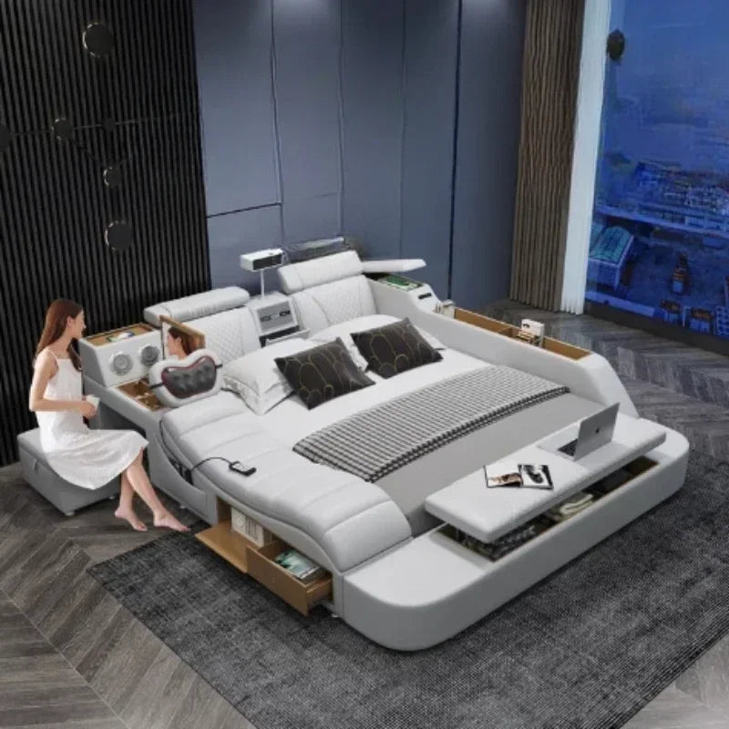 Leather Tatami Multifunction Bed With Projector — Ivory | KIMLUD