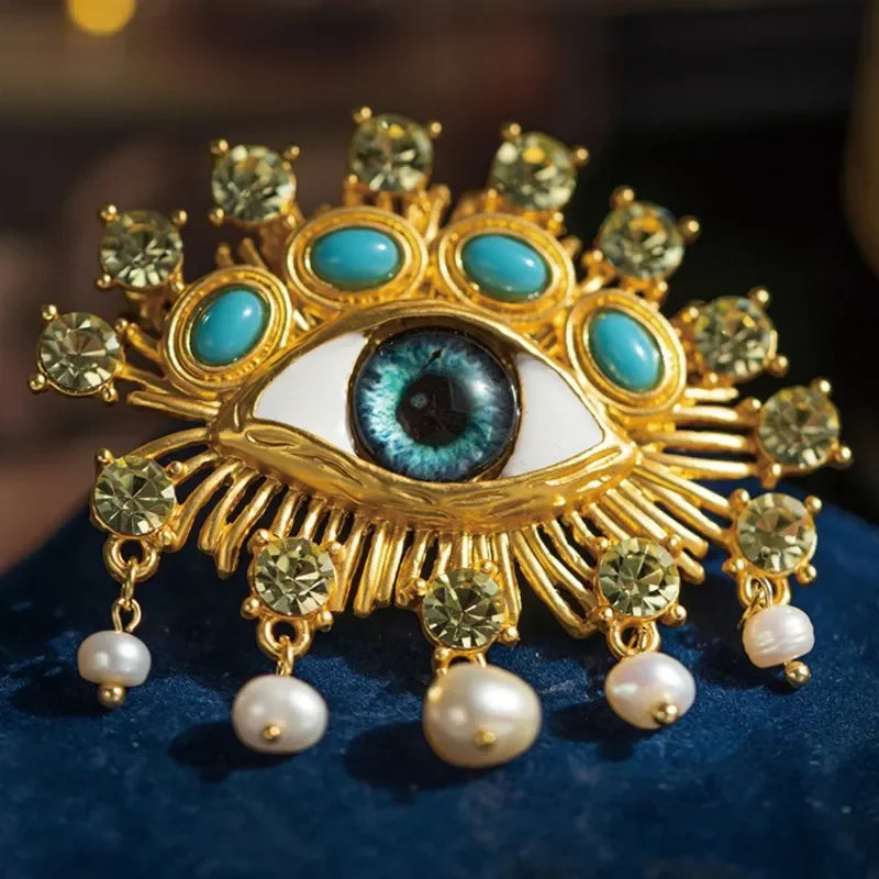 Deluxe Exaggerated Eye Brooch Baroque Pearl Tassel for Men Women Unisex Pin Jewelry Vintage Badge