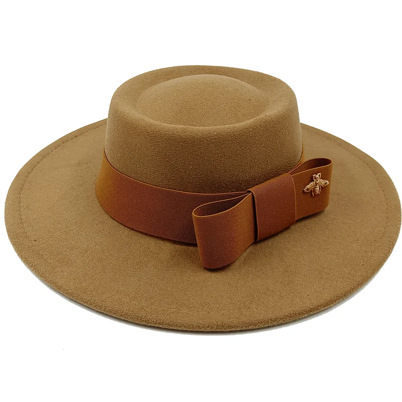 Wholesale Fedora hats Winter round concave convex surface flat top bow elastic ribbon men&#39;s and women&#39;s felt jazz hats Fedora - KIMLUD