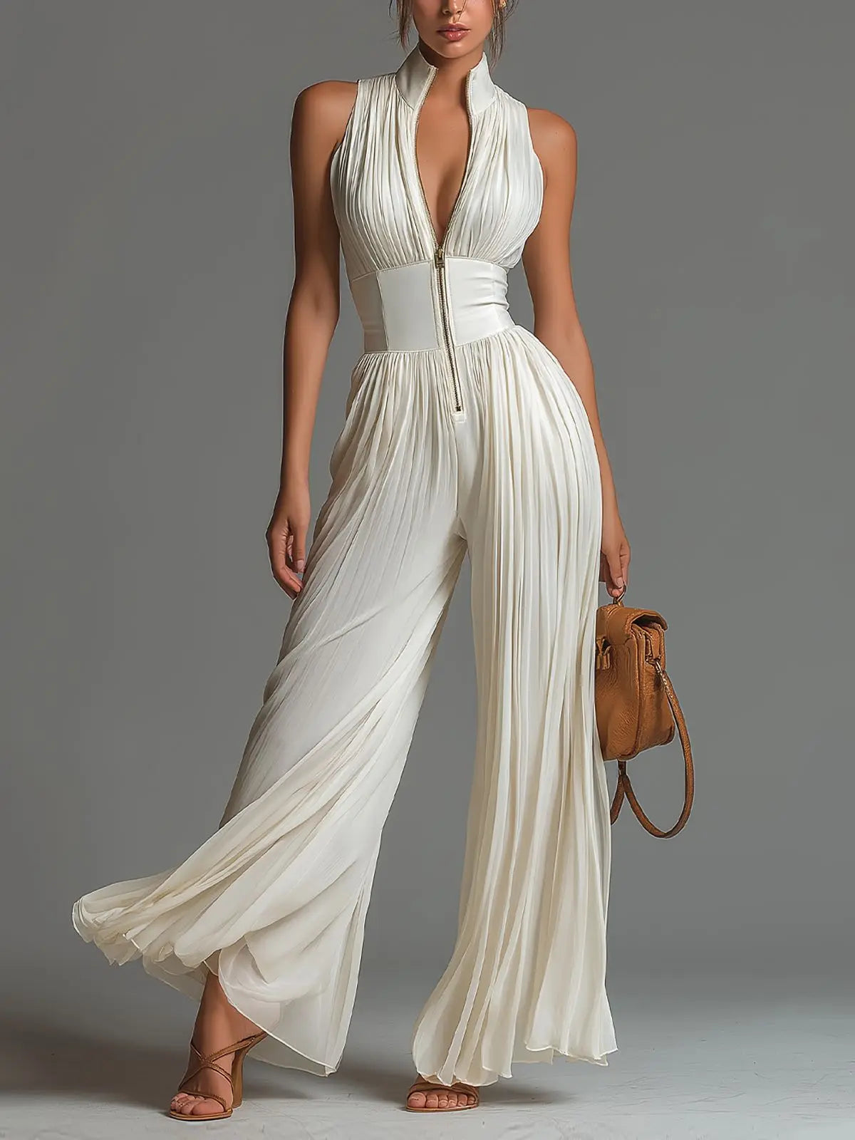 Spring Summer Women White Ruched Halter Jumpsuit Playsuit Wide Leg Romper