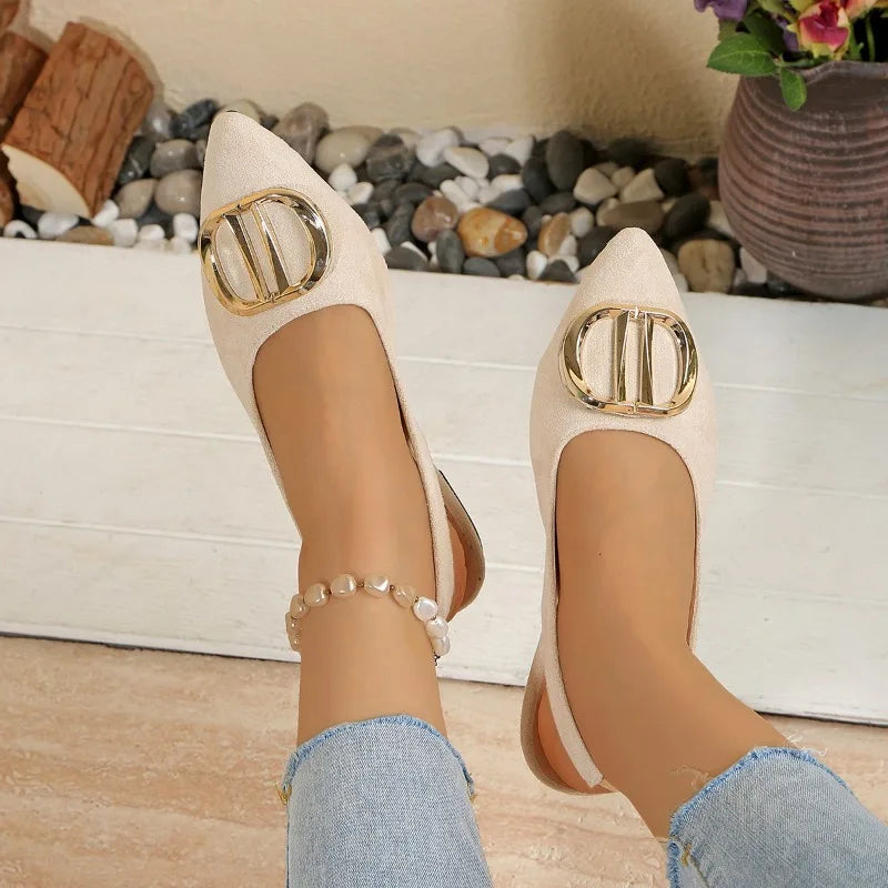 Flat Shoes – Pointed Toe – Metal Accents – Back Strap Buckle | KIMLUD