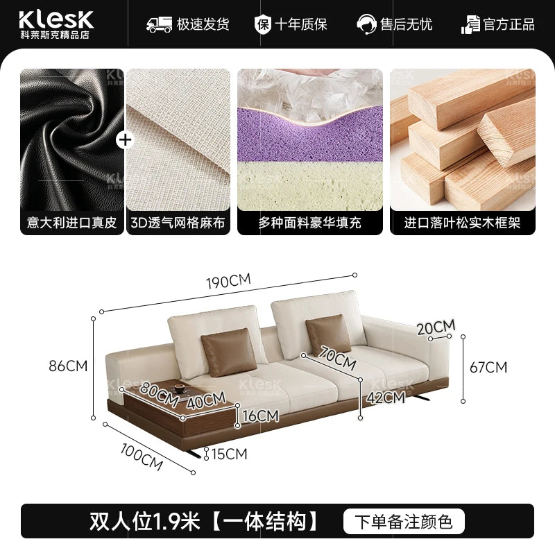 Linen-Cotton Minimalist Straight Sofa With Edge Table — Ivory | KIMLUD