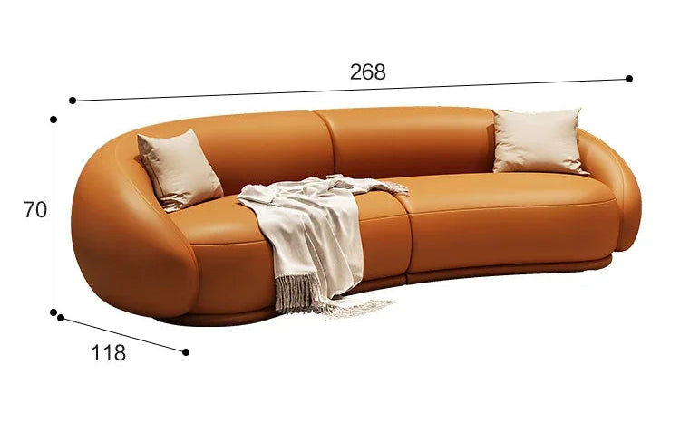Brown sofa with dimensions labeled, featuring text about furniture top core businesses on a black background.