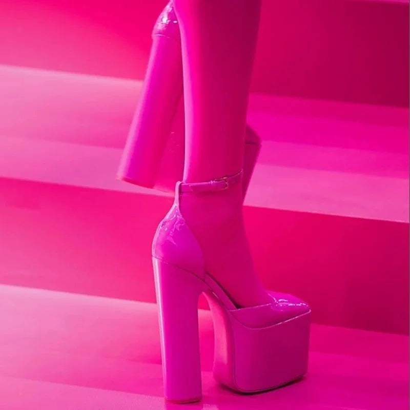 Shiny Patent Leather Platform Heels — Black | KIMLUD