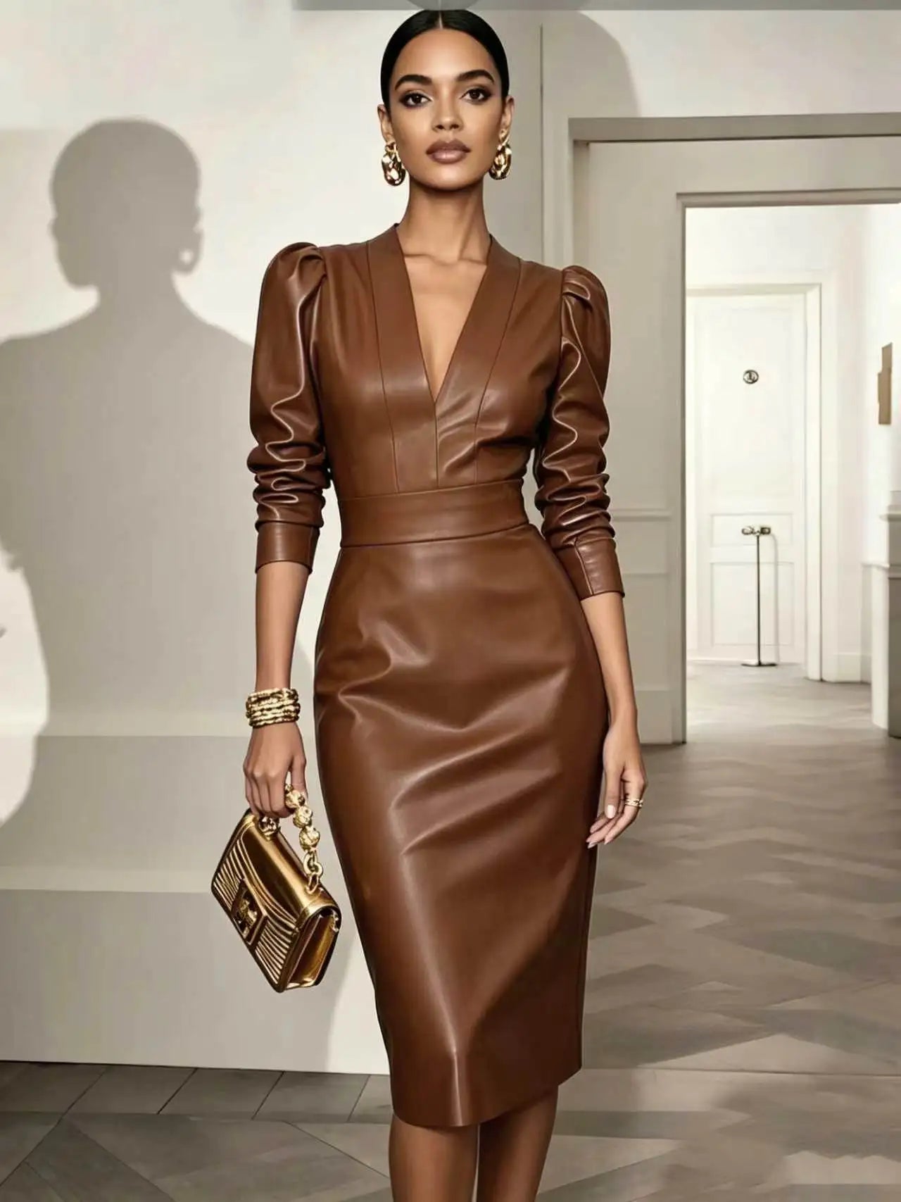 Midi Dress – V Neck – PU Leather – Knee Length | KIMLUD