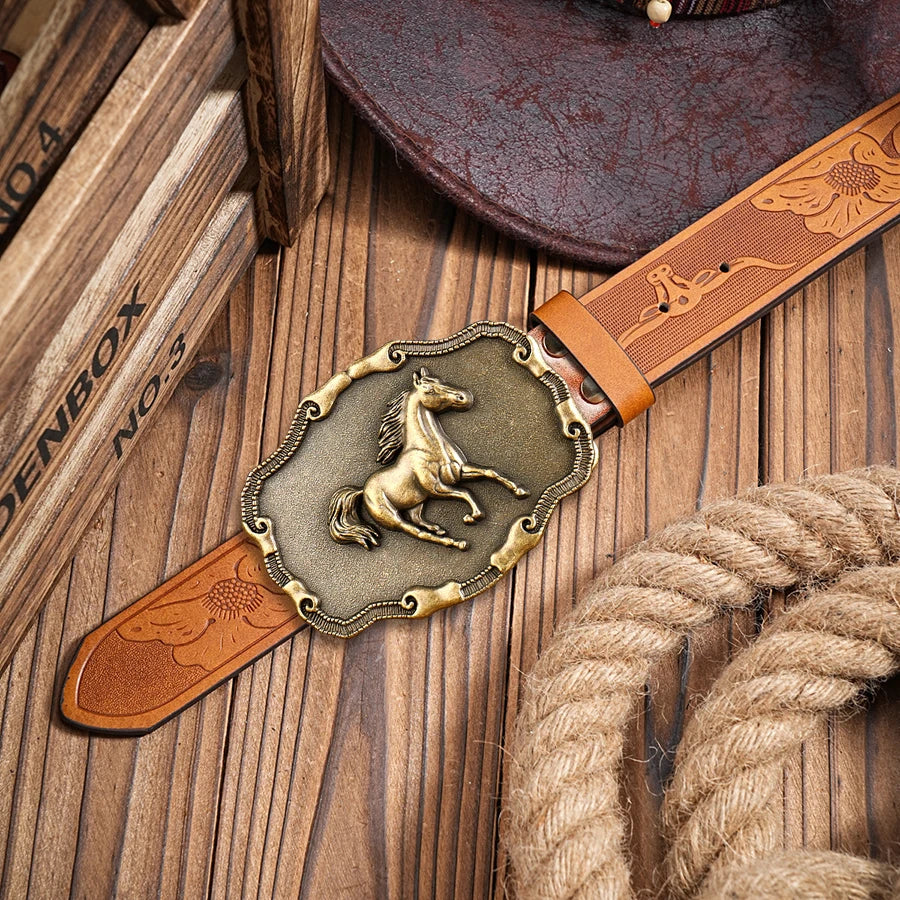 Belt – Galloping Horse Buckle – Metal Buckle – Golden | KIMLUD