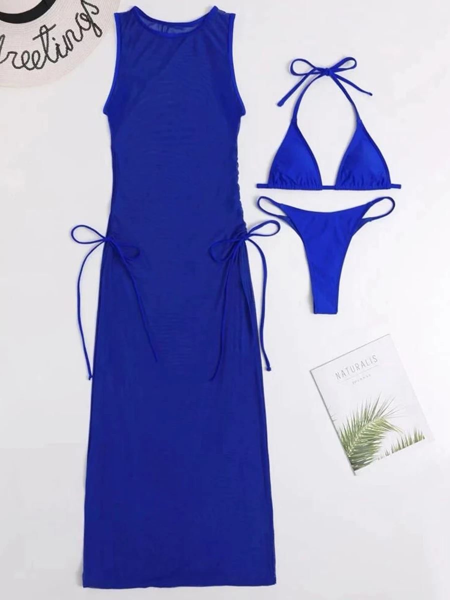 3 Pieces Thong Bikini 2023 Women With Dress String Swimwear Female Solid Swimsuit Beach Wear Bathing Swimming Suit Summer - KIMLUD
