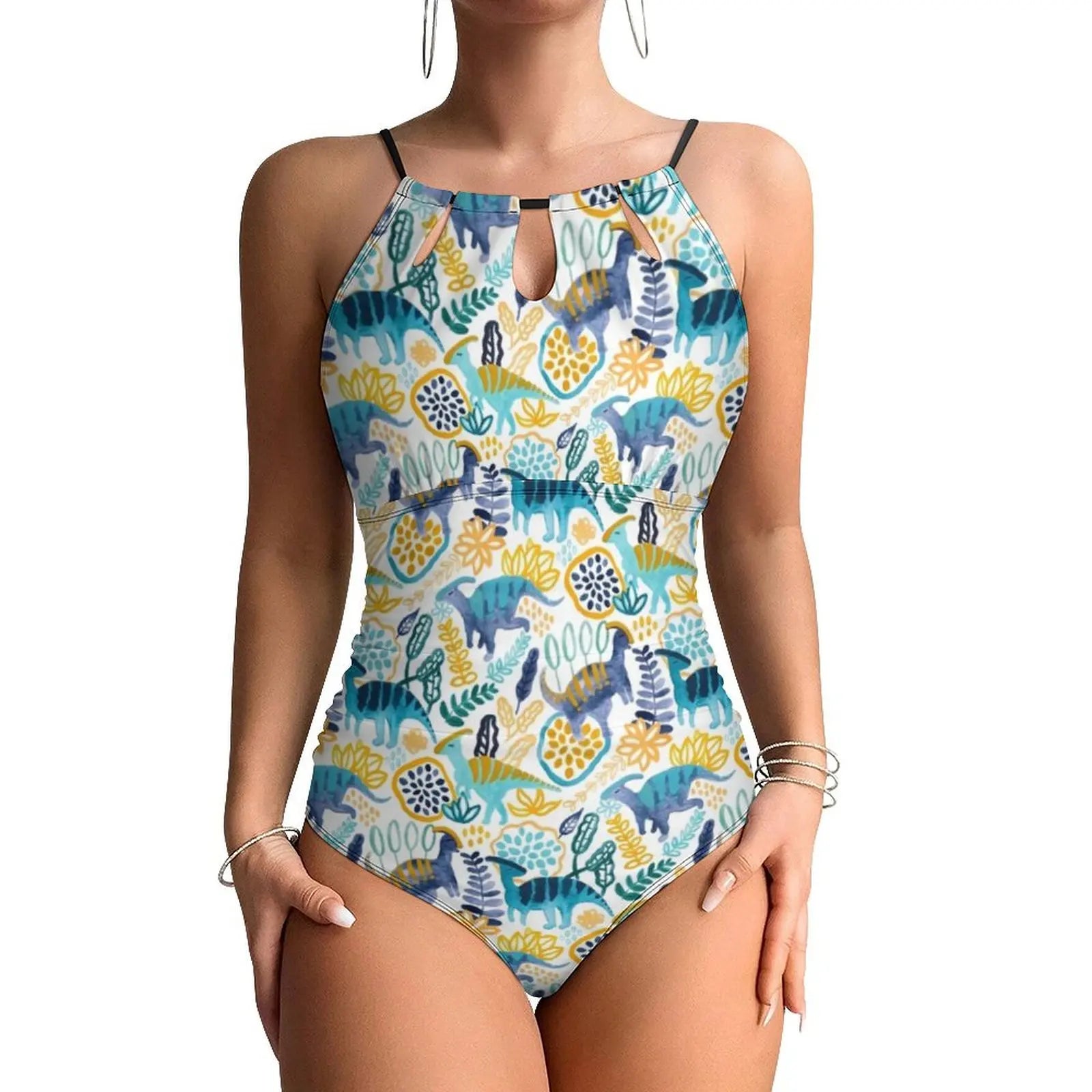 Halter One-Piece Swimsuit With Botanical Dinosaurs Print — Pastel Green | KIMLUD