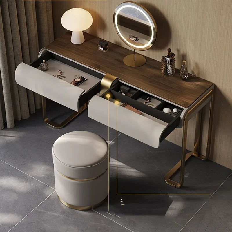 European Minimalist Dressing Table Mirror With LED Ring And Five Drawers — Champagne Beige | KIMLUD