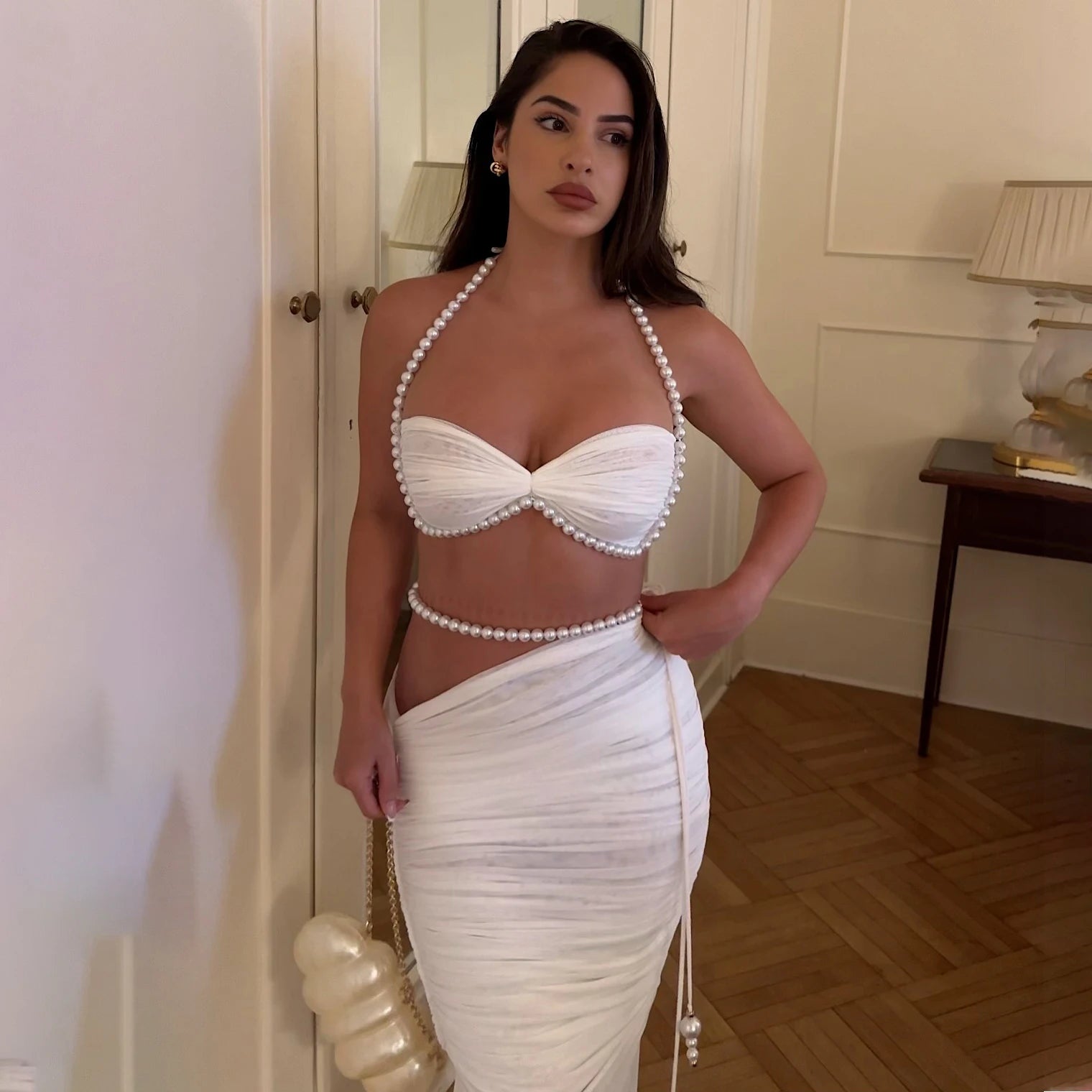 Pearl 3Pcs Bikini Set 2025 Bandeau Biquini Women Sexy Swimsuit Push Up Swimwear Female Mesh Skirt White Bathing Suit Beachwear