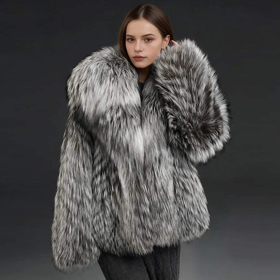 Fox Fur Jacket – Turn-Down Collar – Fox Fur – Silver | KIMLUD
