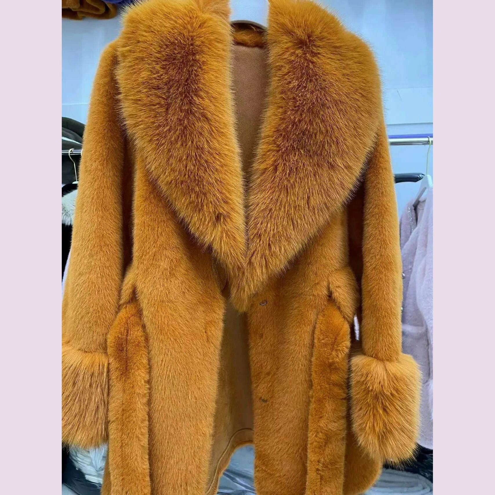 KIMLUD, Luxury Vintage Faux Fur Coat Women Fur Collar Long Sleeve with Belt Oversized Fur Jacket Warm Thick Winter Cardigan Lady's Coats, KIMLUD Womens Clothes