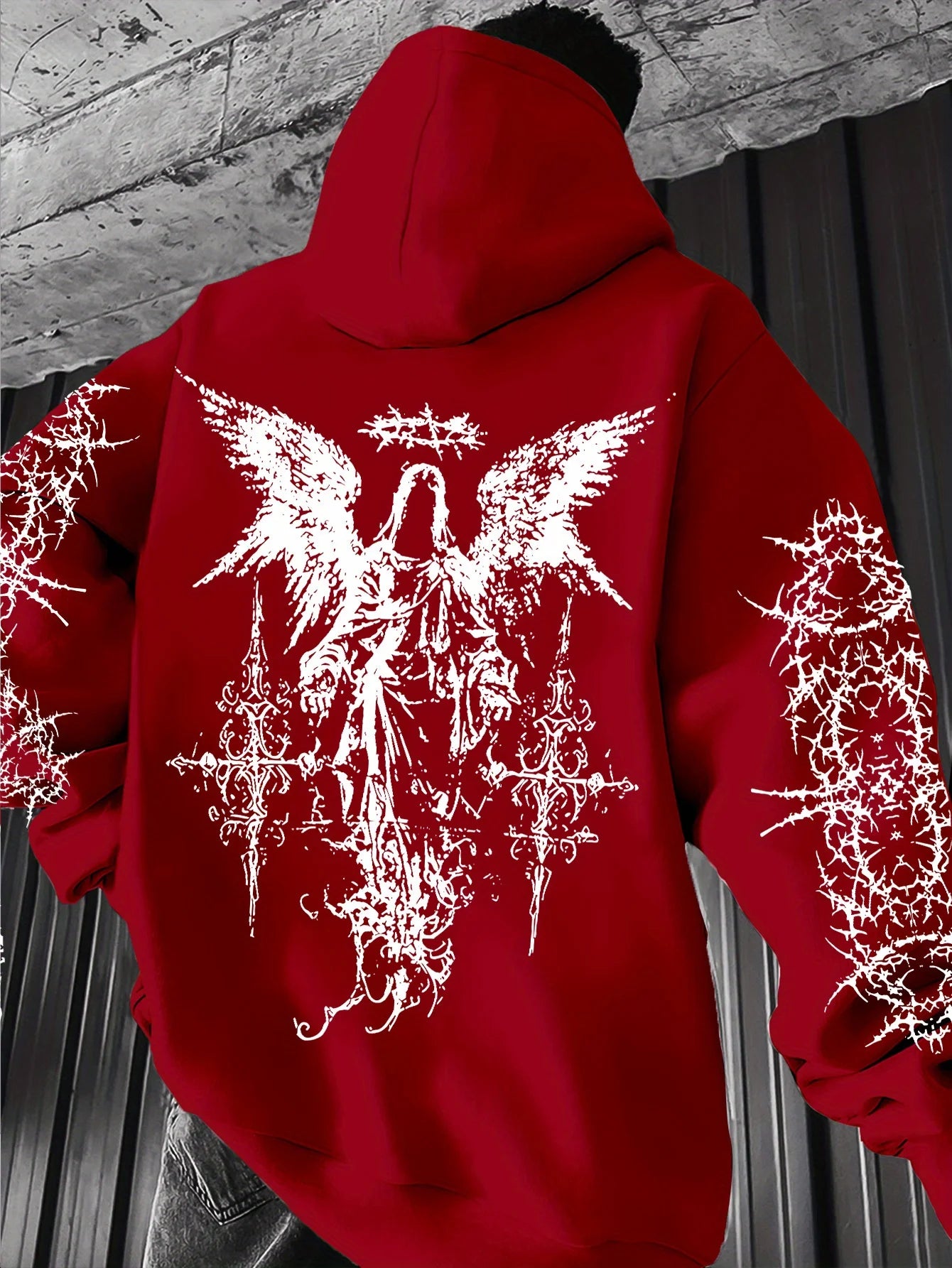 Hooded Sweatshirt – Angel Graffiti Thorn Print – Polyester – Regular Fit | KIMLUD