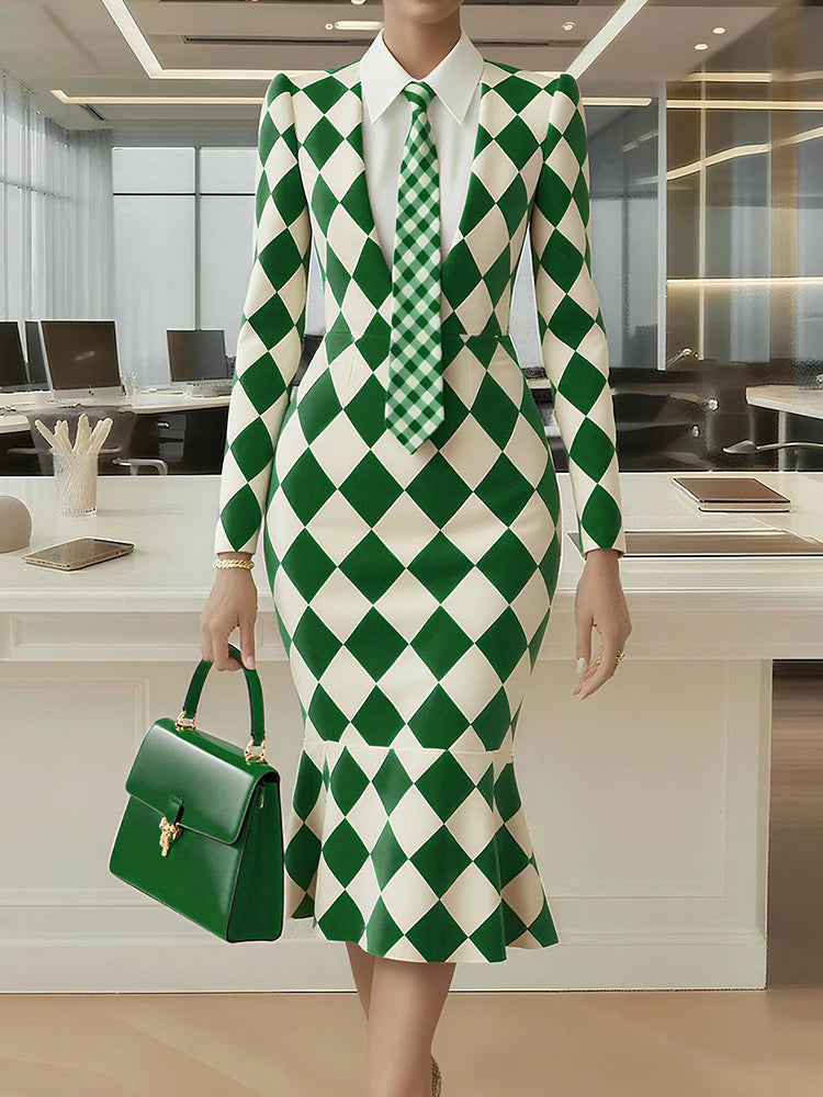 Turn-Down Collar Simple Mermaid Dress, Women Spring Autumn Long Sleeve Print Trumpet Dress, New Fashion Office Chic Ladies Dress