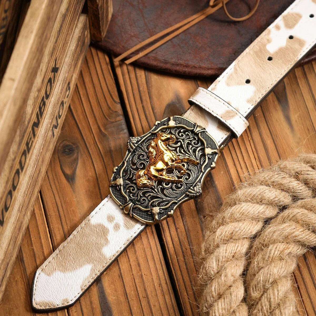 KIMLUD, A unisex Western-style, individualistic and retro belt, a brown (random pattern) PU belt (with perforated nails), KIMLUD Womens Clothes