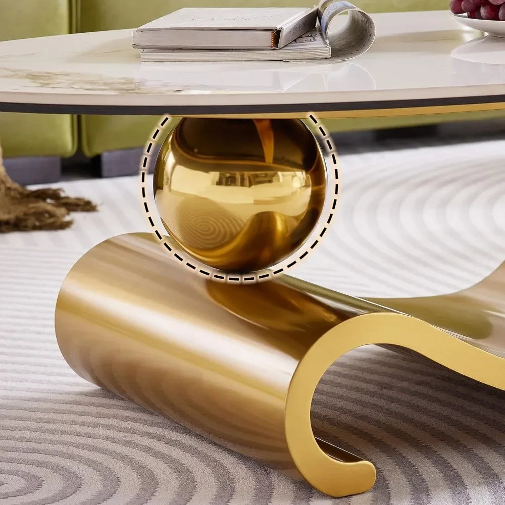 Faux Marble Oval Coffee Table White Veined Top, Gold Base — Gold | KIMLUD